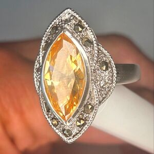 925 Silver Ring Citrine look stone with Marcasite accent stones